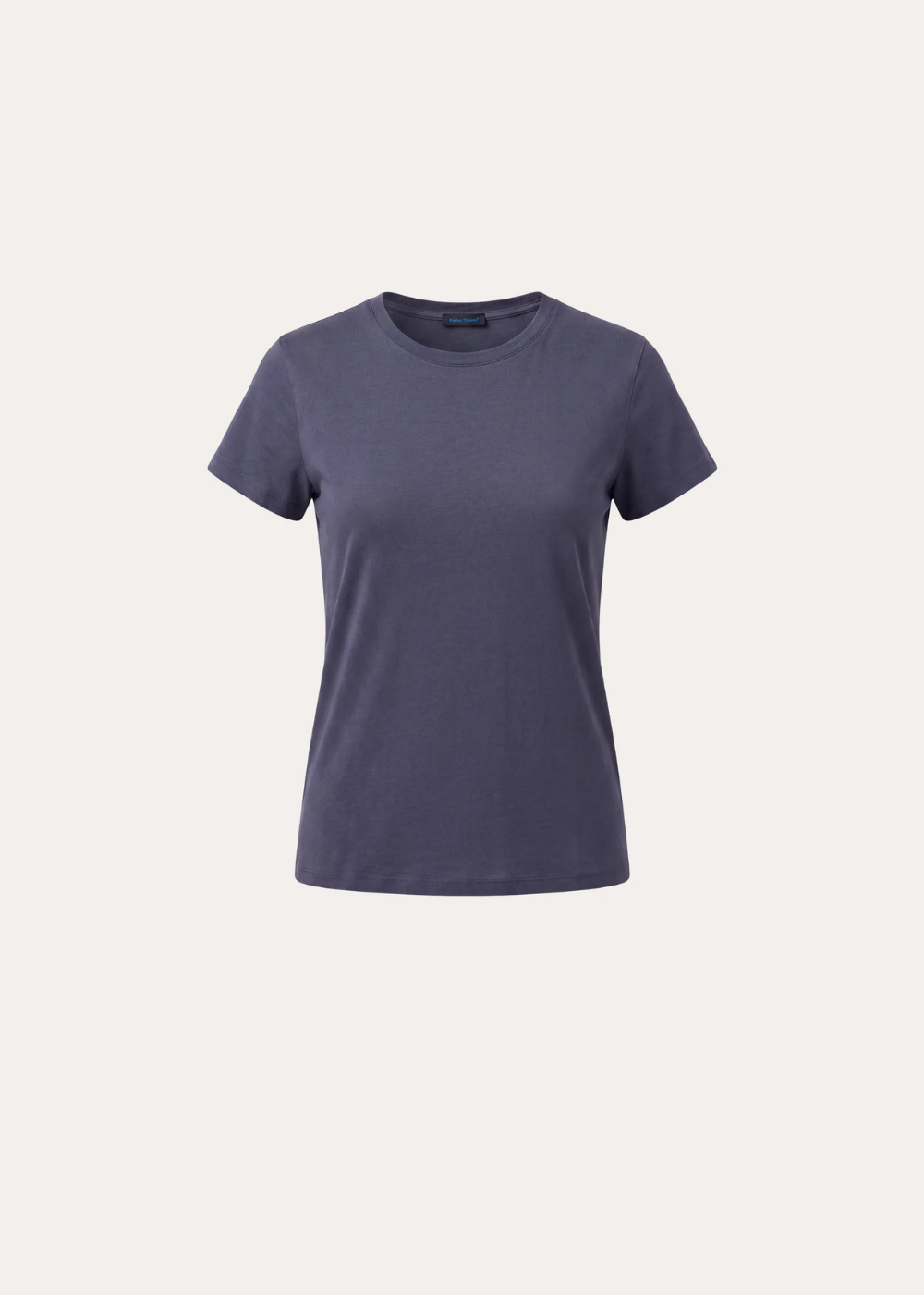 A short-sleeve crewneck t-shirt in a muted slate blue or periwinkle shade, displayed on a clean, solid off-white background.